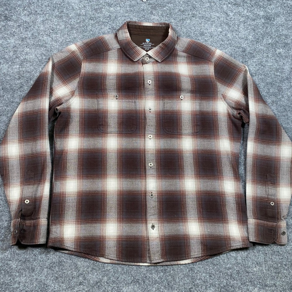 Kuhl Mens Medium‎ Brown Plaid Flannel Button Down Long Sleeve Shirt RN 108846